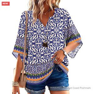 Rayon Nylon 3/4 Sleeve Boho Tunic Top Loose Fit V Neck
